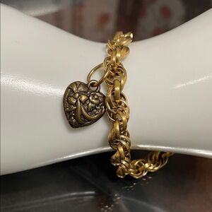 Gold-Tone Heart Charm Bracelet - Floral Heart Pendant
